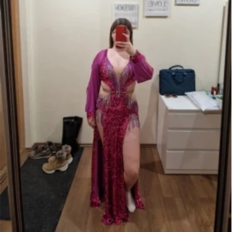 Robe BALADI à paillettes brillantes, costume de danse du ventre égyptien, ensemble de performance de compétition de groupe, robes à manches longues avec bandeau
