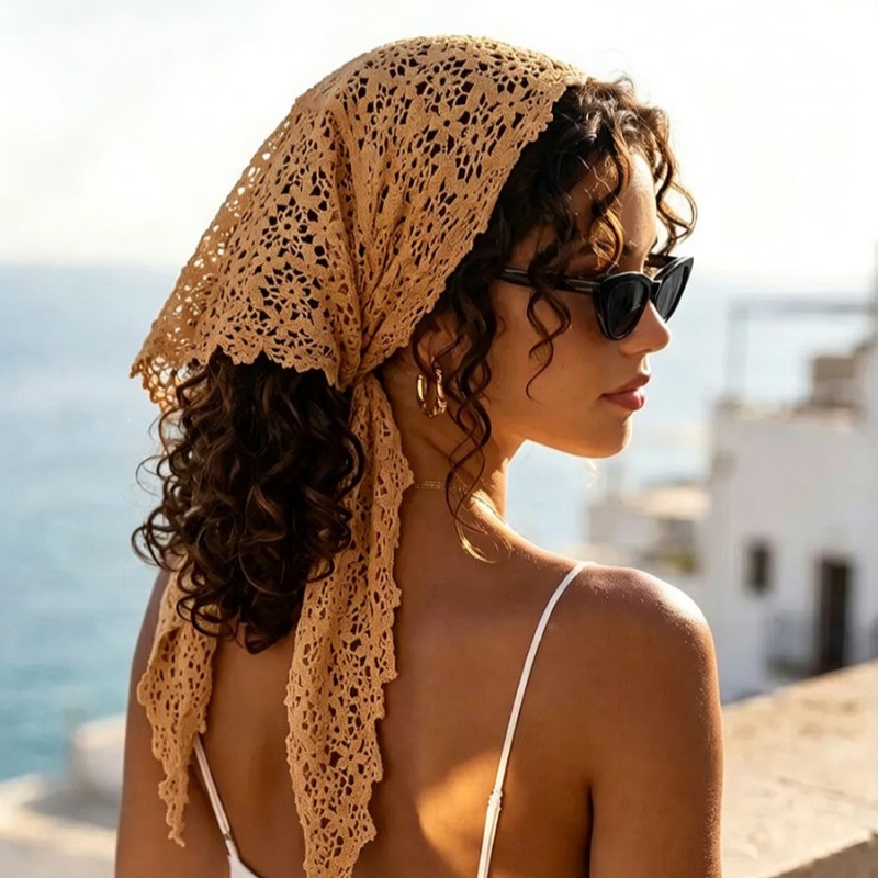 Foulard coréen fin en dentelle florale ajourée pour la protection solaire estivale, idéal pour la tenue avec une petite camisole, une robe à épaules dénudées, une jupe ou une ceinture.