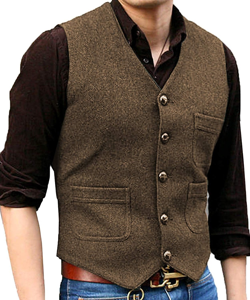Costume formel pour hommes, col en V, laine à chevrons Tweed, gilet décontracté, gilet d'affaires formel pour marié pour mariage, vert/noir/marron