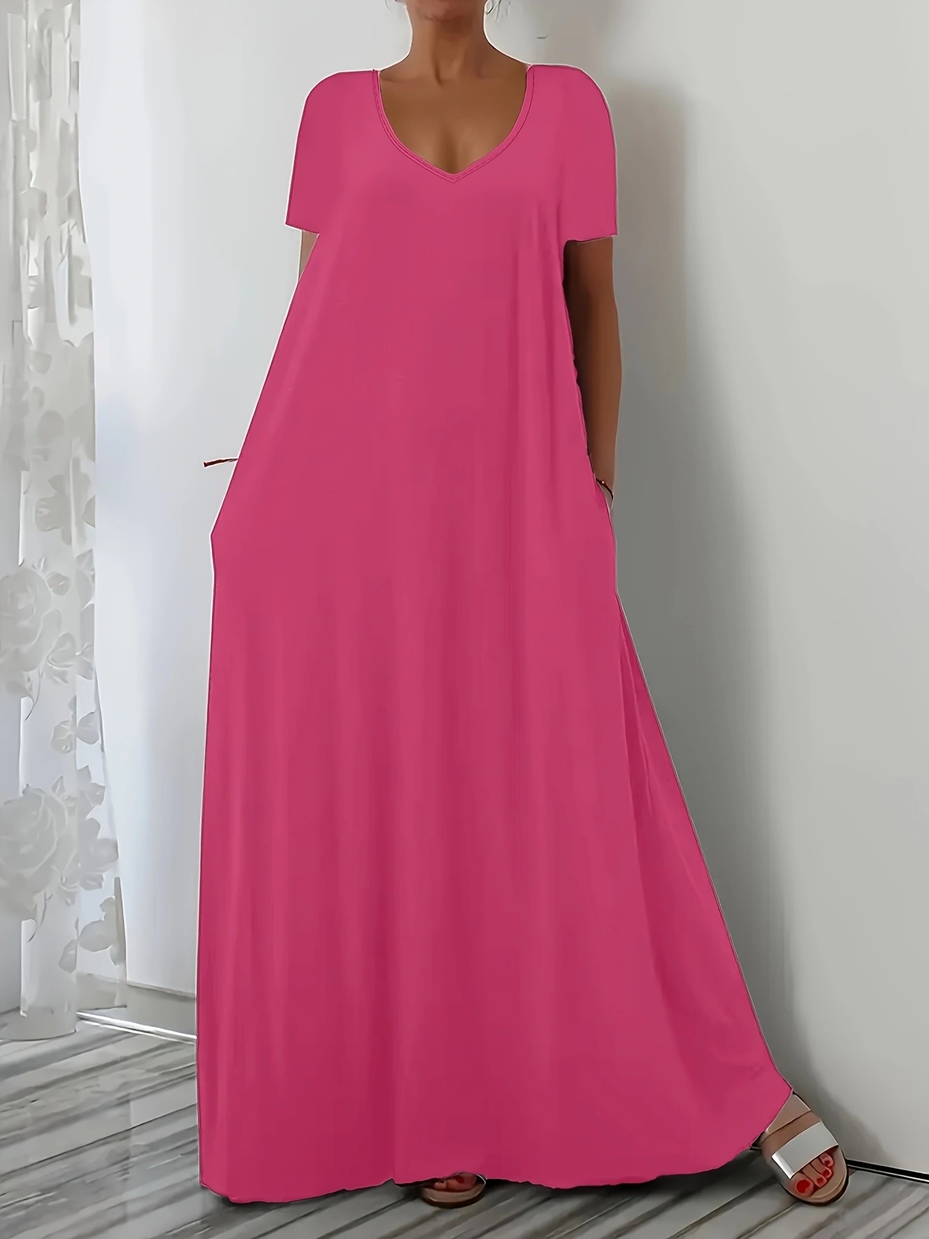 Nouvelle robe d'été grande taille pour femme, décontractée, ample, à manches courtes, couleur unie, col en V