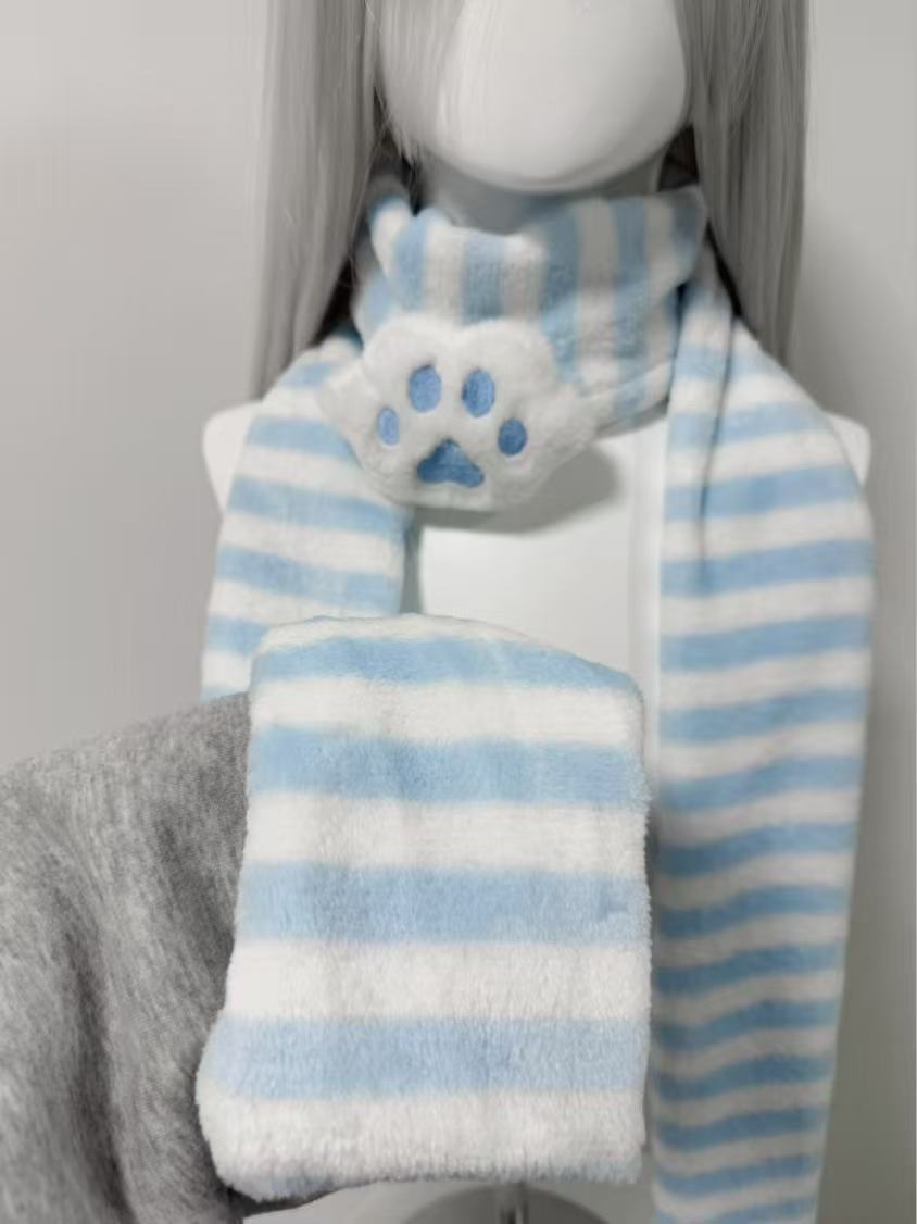 Écharpe Kawaii à motif patte de chat, rayée, style Y2K, pour l'automne et l'hiver, mignonne et chaude, accessoires de subculture