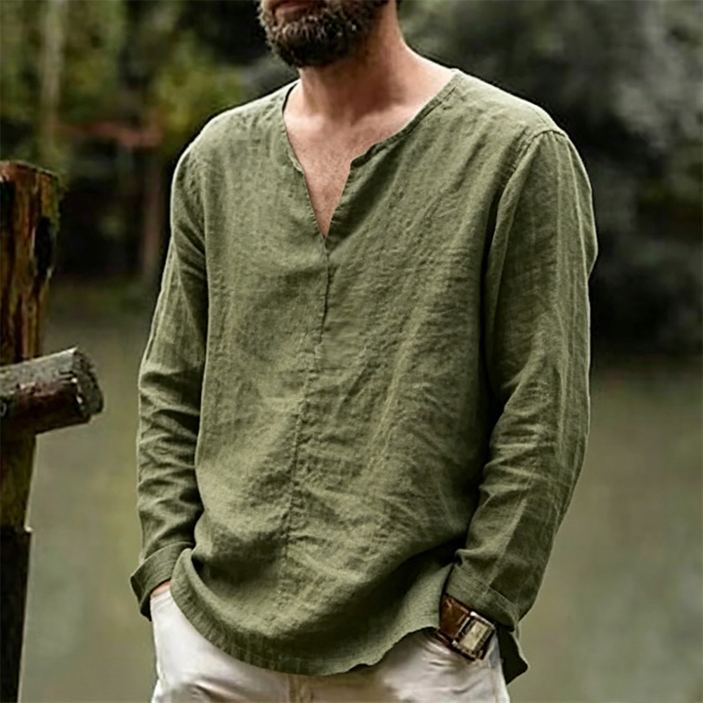 T-shirt à manches longues en coton et lin pour homme, couleur unie, respirant, léger, décontracté, confortable, style simple, hauts basiques pour homme