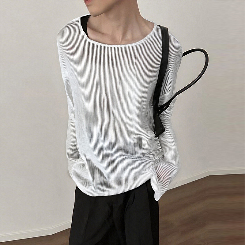 Nouvelle mode américaine hommes T-shirt Sexy transparent col rond à manches longues hauts loisirs KH évider couleur unie pulls S-2XL