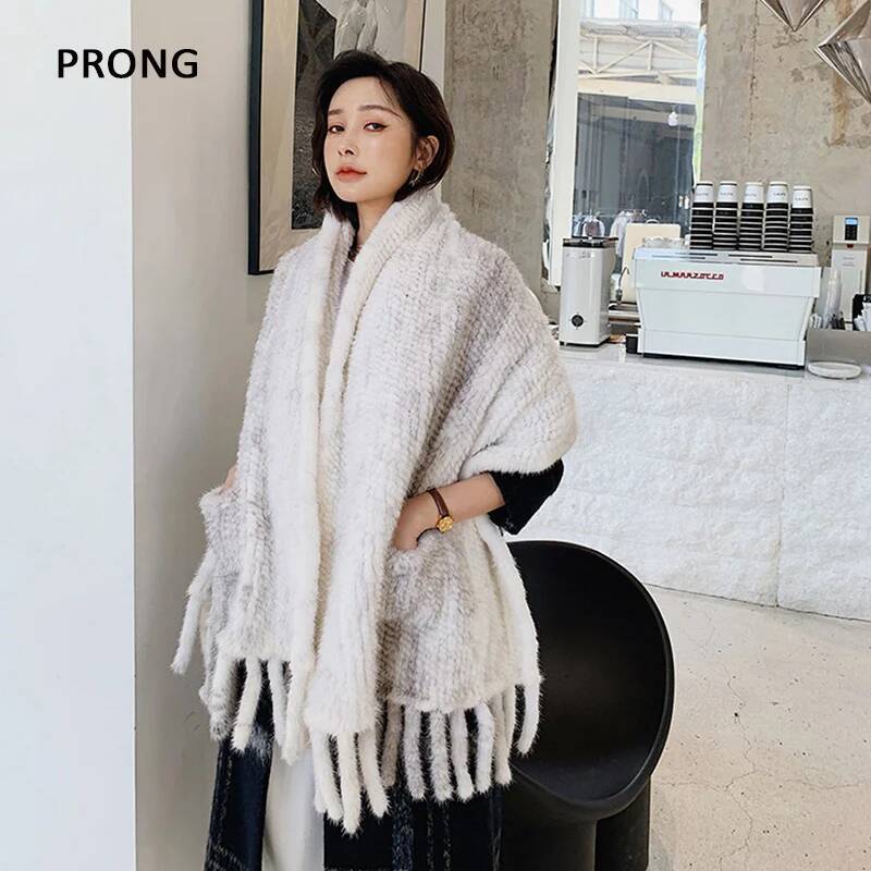 Écharpe en Fourrure de Vison group pour Femme, Style Long, Châles à Franges Naturelles, Pashmina Chaud pour l'Hiver