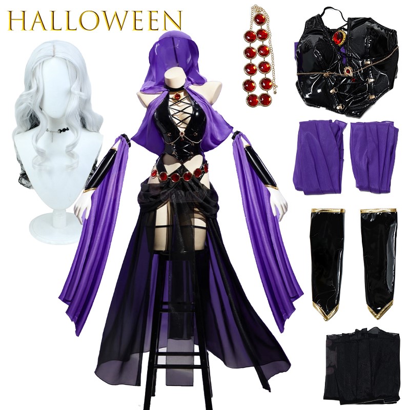 AWitch Banquet violet danseuse robe en cuir PU à capuche sorcière Cosplay Costume femme tenue gothique Sexy noir licou dos nu Costume