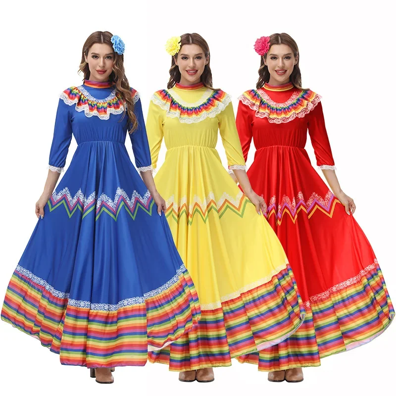 Robe bohémienne mexicaine pour femmes, Costume traditionnel de danse folklorique, jupe longue Senorita Jalisco Fiesta, tenue de fête de Festival pour adultes