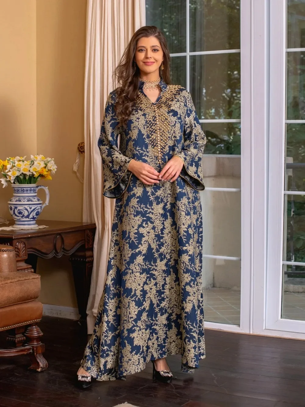 Abaya-Robe musulmane Eid pour femmes, col montant perlé, Jalabiya, robes de soirée marocaines, Abayas caftan, robe arabe longue éducative