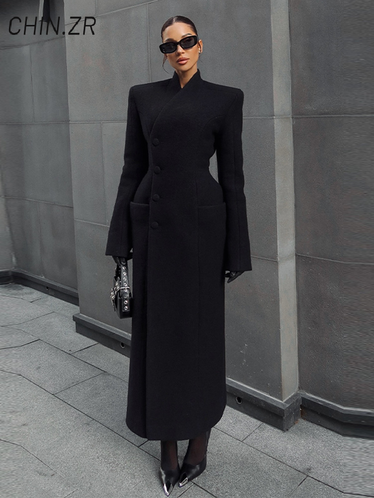Manteau en laine à col châle pour femme, élégant, avec ceinture, ample, manches longues, poches, automne-hiver, vêtements d'extérieur chics pour les déplacements, 2025