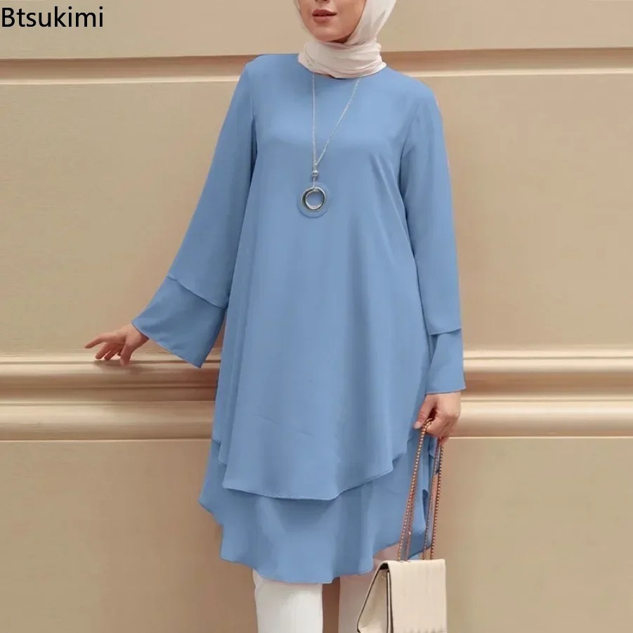 Nouvelles femmes musulmanes Blouse mode deux couches Design élégant femme vacances fête solide chemise hauts turquie longue Robe Abaya Hijab 2026