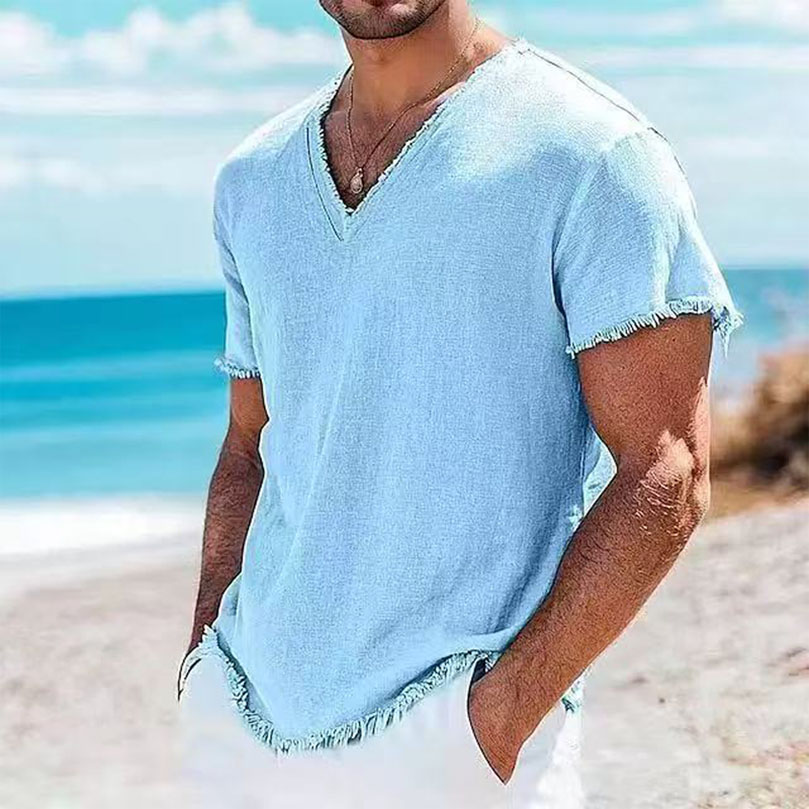 Mode d'été hommes coton lin chemises Vintage solide décontracté ample gland hauts col en v T-shirts à manches courtes T-shirts chemises pour homme