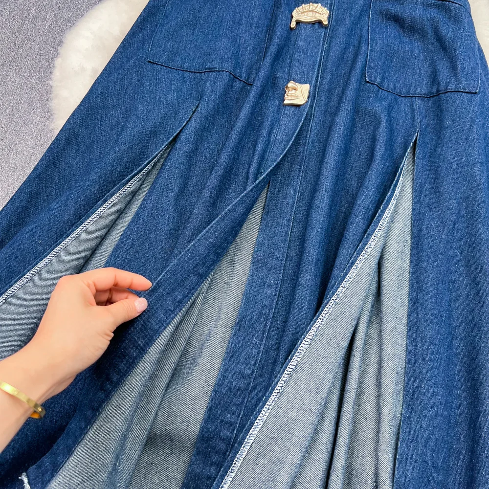 Robe en jean évidée à col rabattu pour femmes, robes longues en denim, taille haute, mince, simple boutonnage, éducatif, club de fête