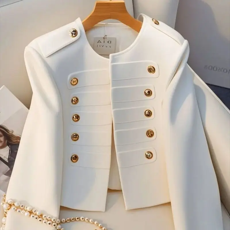 Veste à Double boutonnage pour femmes, mode coréenne, élégante, couleur unie, col rond, manches longues, vêtements d'extérieur pour femmes, manteaux courts de bureau
