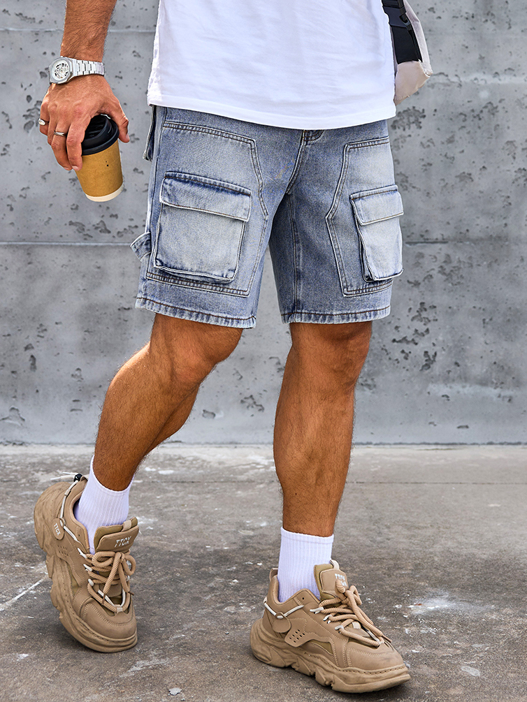 Shorts en jean pour homme, coupe slim, extensible, vintage, bleu, style workwear