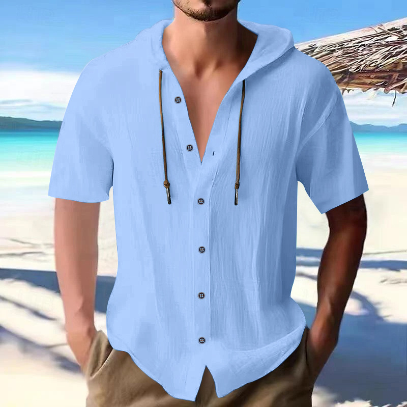 T-shirt homme 2026 décontracté à manches courtes, à capuche, boutonné, style ample, pour la plage, vêtements pour hommes