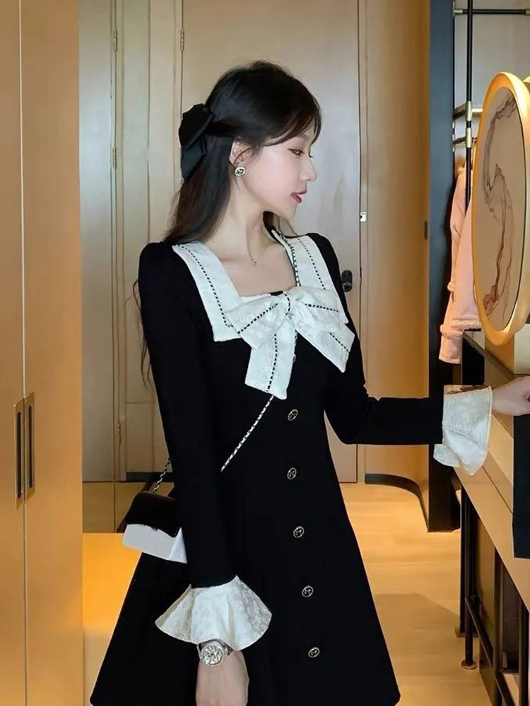 Mini robe française élégante pour femmes, mode, nœud papillon, manches longues, robes noires, boutons chics, col carré décontracté, robes simples