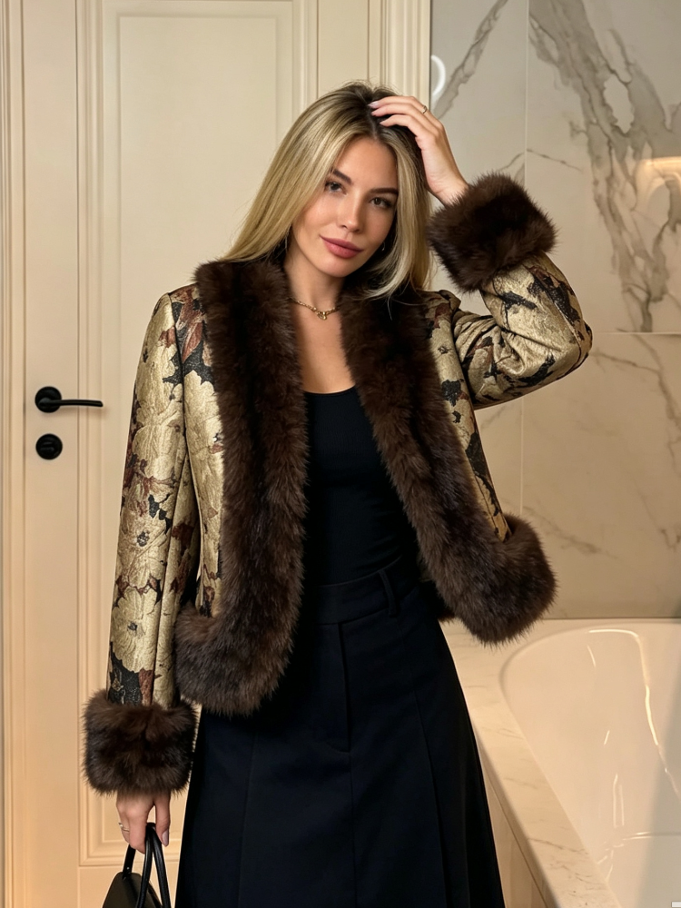 Veste Courte Femme Vintage à Motifs Floraux Jacquard, Col en V, Manches Longues, Bordure en Fausse Fourrure, Collection Automne Hiver 2026, Tenue Quotidienne pour Femme