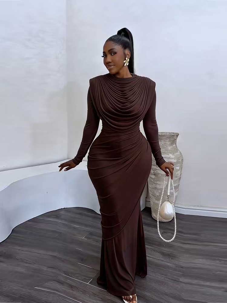 Robe de soirée chic et élégante pour femme, col drapé en maille, manches longues, robe moulante mi-longue, taille haute, robe sexy pour femme