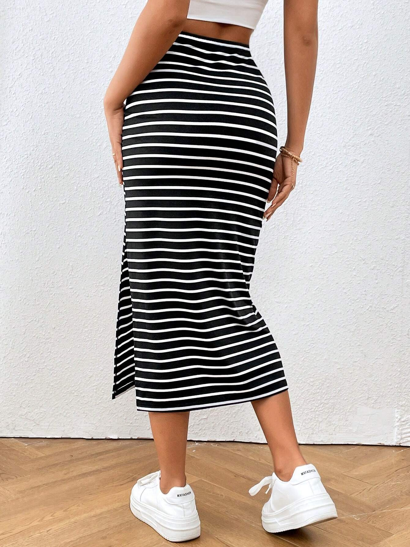 Jupe midi fendue à taille nouée rayée pour femme