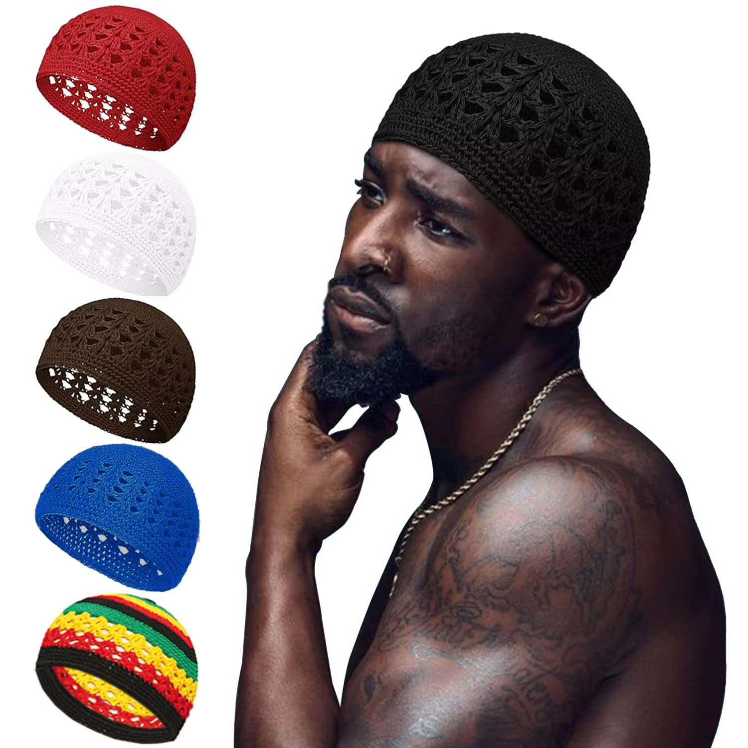 Casquette Kufi islamique pour femmes et hommes musulmans, chapeaux de prière, bonnet tricoté au Crochet fait à la main, chapeau chaud d'hiver, accessoires unisexes, nouvelle collection