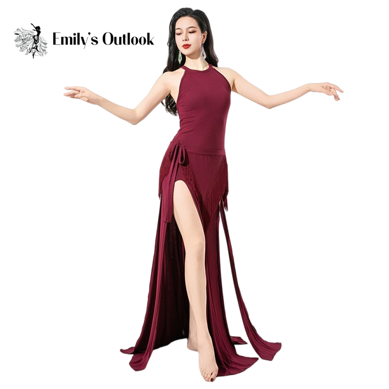 Vêtements de danse arabes Sexy pour femmes, une pièce élégante, robe longue en Modal, fente latérale, vêtements de spectacle de danseuse avec frange, écharpe de hanche