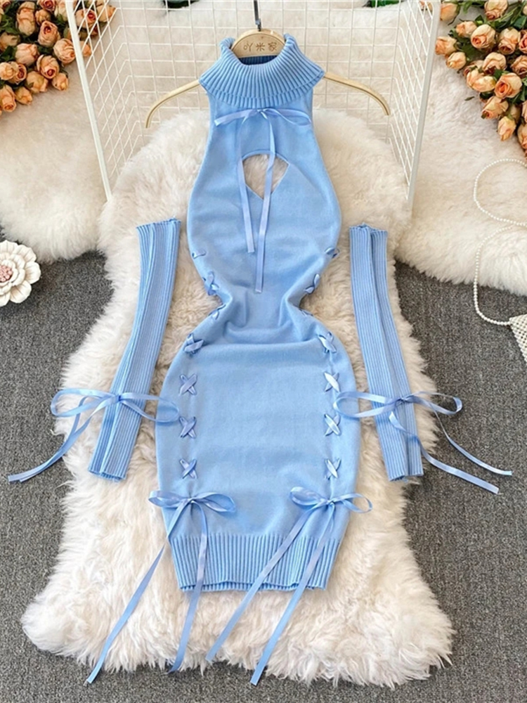 Robe pull sexy à col roulé pour femme, dos nu, sangle de ruban, manches longues, laçage, tambour, tricot, bandage, poitrine ouverte