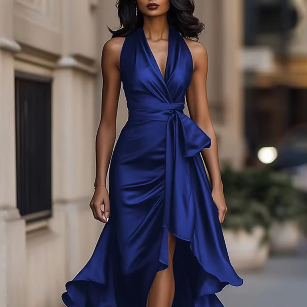 Robe de soirée en Satin pour femmes, Sexy, col licou, sans manches, bleue, à lacets, Slim, Maxi, à volants, ourlet irrégulier, robes de soirée