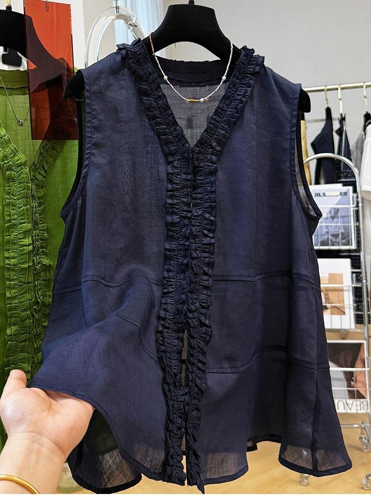 Chemise ample et unie pour femmes, vêtements d'été décontractés, mode, col rond, plis, manches courtes, haut français polyvalent, pulls Y2k