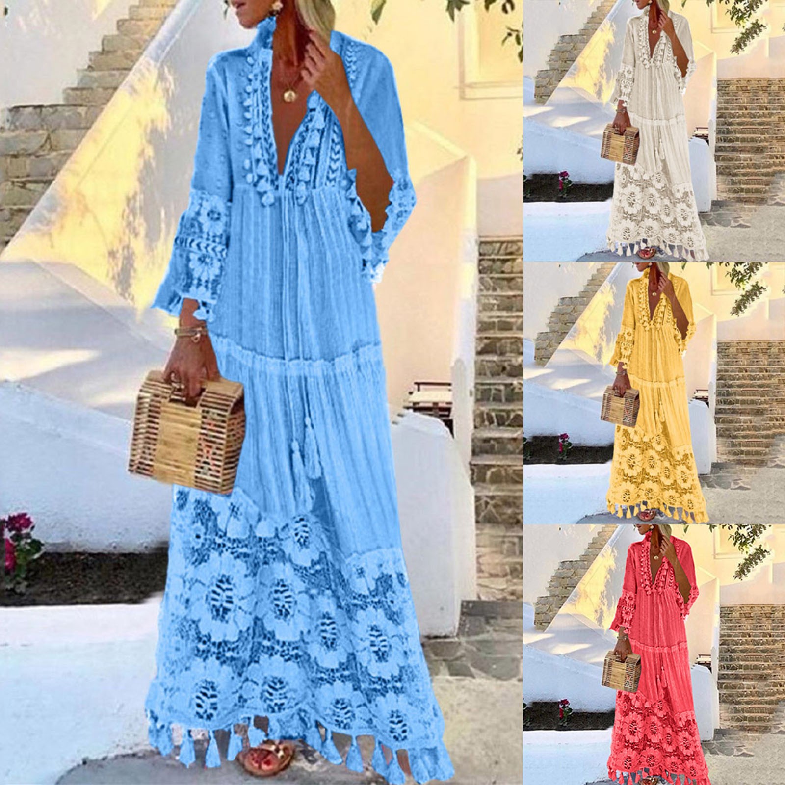 Robe longue bohème à pampilles pour femmes, col en V, grande taille, dentelle, monochromatique, robe élégante, mode décontractée, vacances Boho