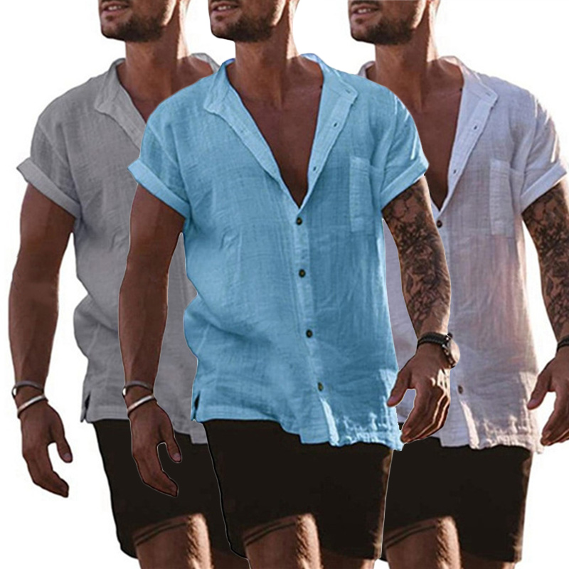 Chemises à manches courtes pour hommes, chemises en coton et lin, chemisiers d'affaires, haut social normal, chemise habillée formelle, vêtements pour hommes