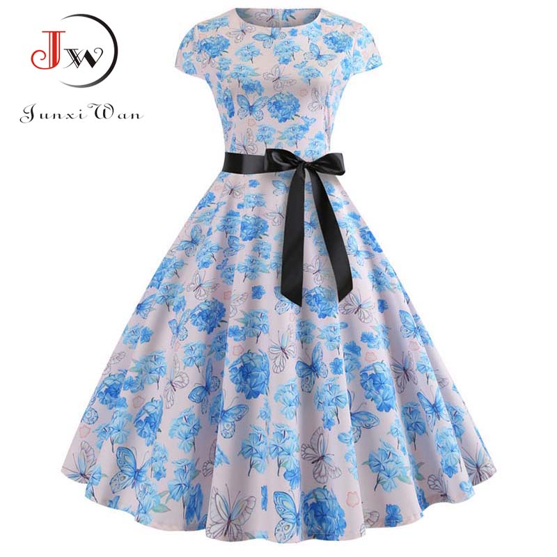 Femmes robe Vintage été imprimé fleuri robes à manches courtes 50s 60s bureau fête Rockabilly Swing rétro Pinup grande taille