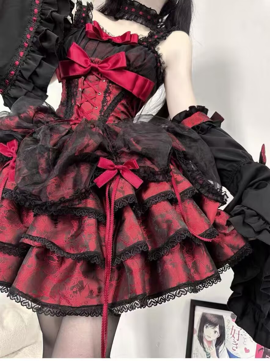 Robe gothique Lolita pour femmes, Harajuku, nœud en dentelle, à volants, Mini robes de soirée, Punk Kawaii, noir et rouge, robe d'été Y2k