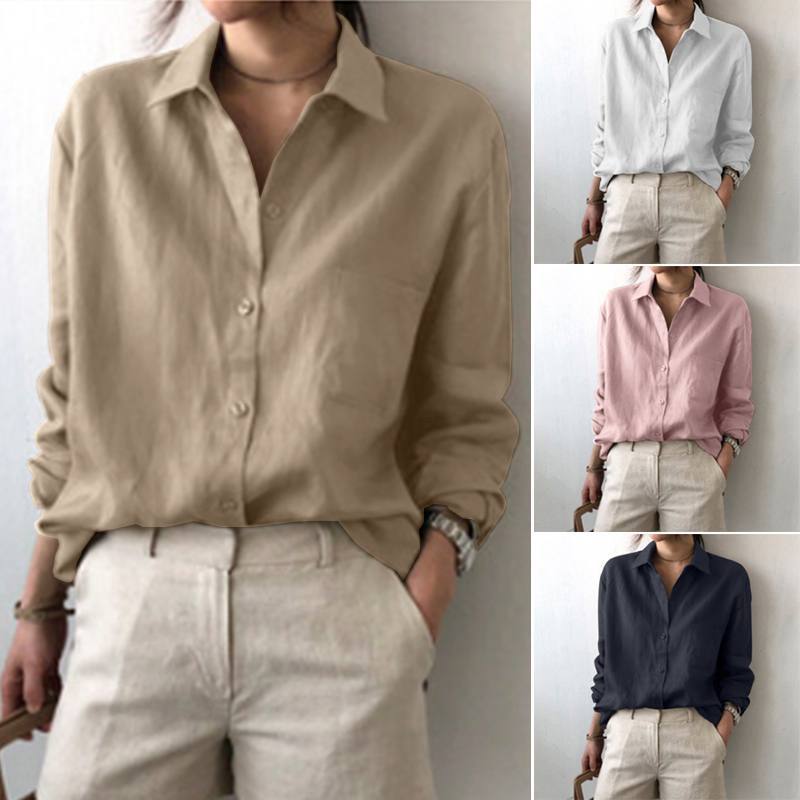 Chemisier en lin boutonné pour femme, coupe ample, manches longues, couleur unie, style décontracté, idéal pour l'été, la plage ou le bureau