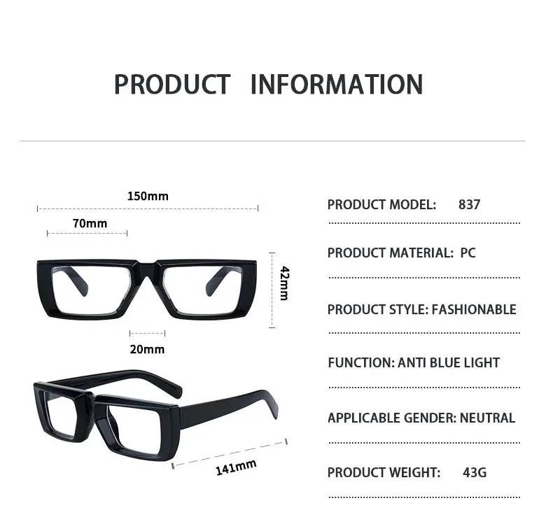Lunettes tendance à monture carrée épaisse pour hommes, montures de lunettes rectangulaires épaisses sur mesure pour femmes, lentes opticos para mujer