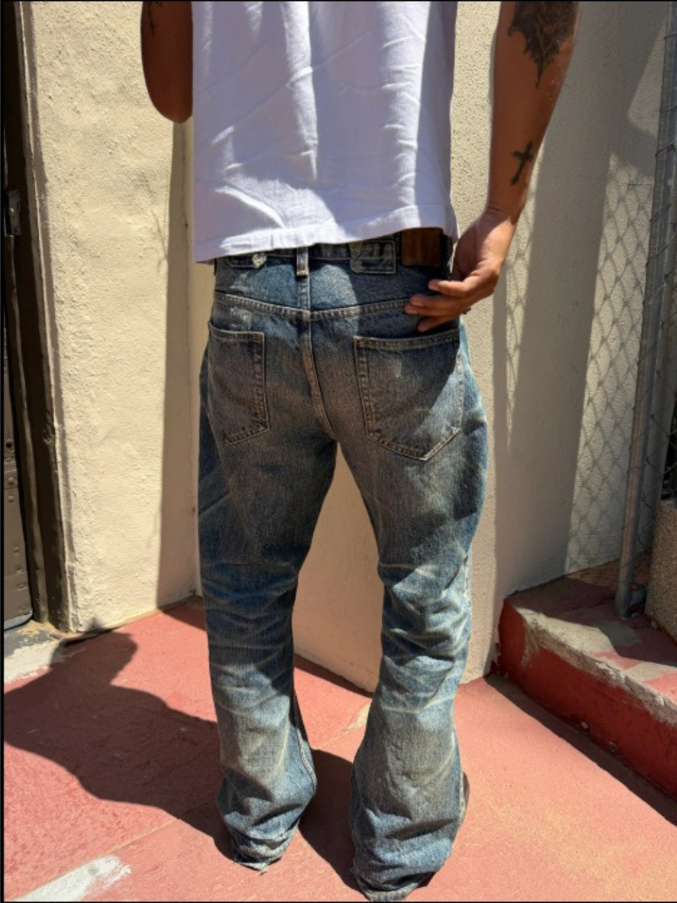 Jean pour homme vintage délavé et déchiré, coupe évasée, style Harajuku unisexe, coupe ample, effet moustaches de chat, effet froissé, coupe bootcut, streetwear Y2K, nouveauté