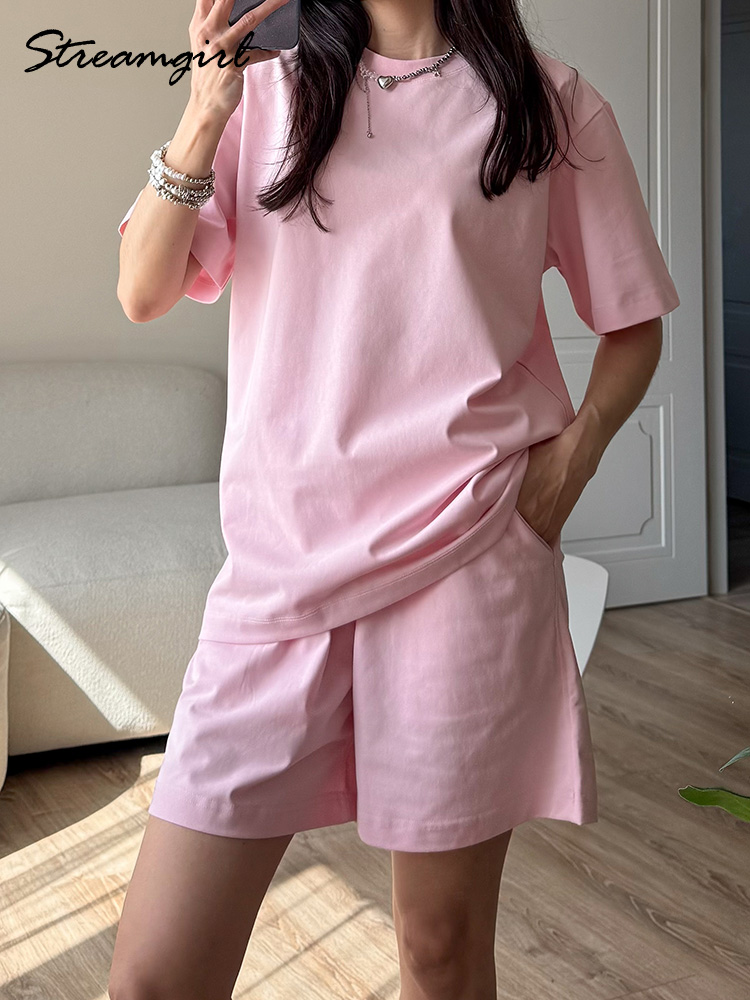 Ensembles de shorts blanc cassé pour femmes, tenues d'été, shorts et t-shirts en coton surdimensionnés, ensembles deux pièces pour femmes