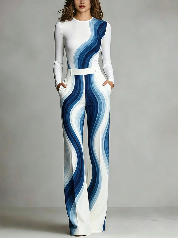 Ensemble 2 pièces pour femmes, haut à manches longues coupe ajustée et pantalon à jambes larges, imprimé vagues bleues avec poche, tenue décontractée chic