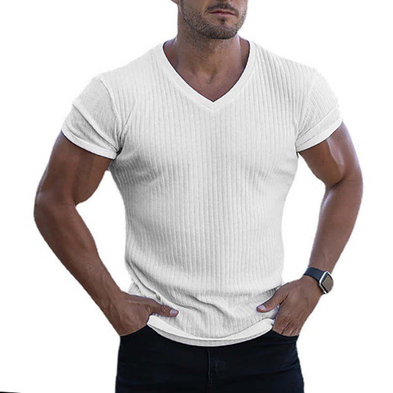 Hommes col en V à manches courtes T-shirt Fitness coupe ajustée sport T-shirt solide mode bandes t-shirts hauts été tricoté vêtements de sport