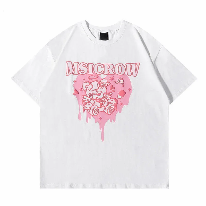 T-shirt Kawaii pour femmes, imprimé ours rose coréen, manches courtes, t-shirt Harajuku pour femmes, vêtements streetwear pour femmes