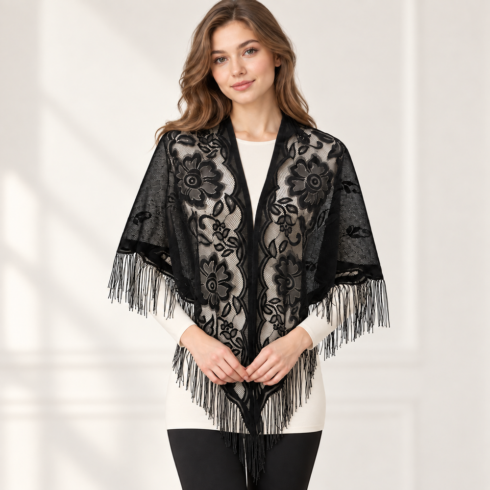 Châle triangulaire en dentelle florale pour femme, élégant, à franges, léger, voile transparent, couvre-épaules pour mariage, soirée et fête