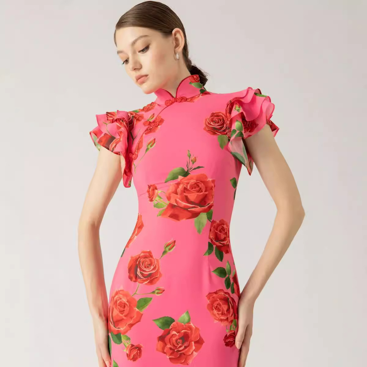 Robe longue à volants pour femmes, imprimé Floral Rose, moulante, Sexy, pour bal de promo, déplacements, tempérament mince, robes de soirée élégantes pour dames