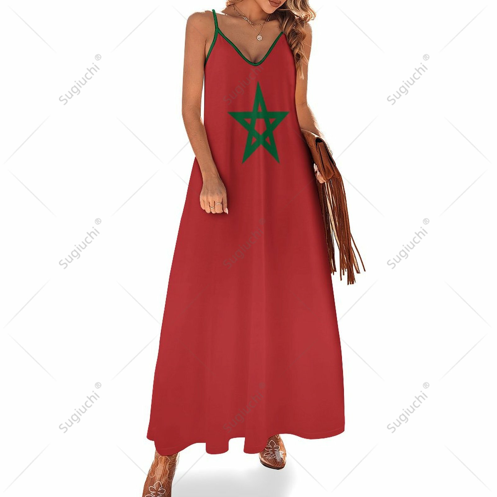 Robes longues robe drapeau marocain imprimé nouveau décontracté sans manches femmes col en v robe imprimée balançoire robes rétro