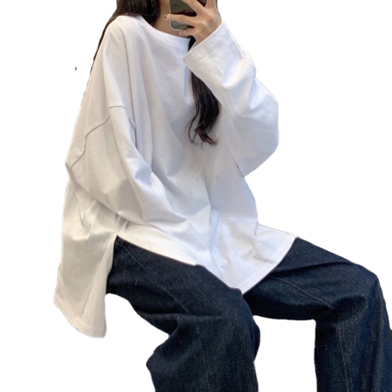 Harajuku T-shirt Long printemps automne solide Simple surdimensionné T-shirt pour femmes Goth T-shirts fendu blanc noir à manches longues hauts