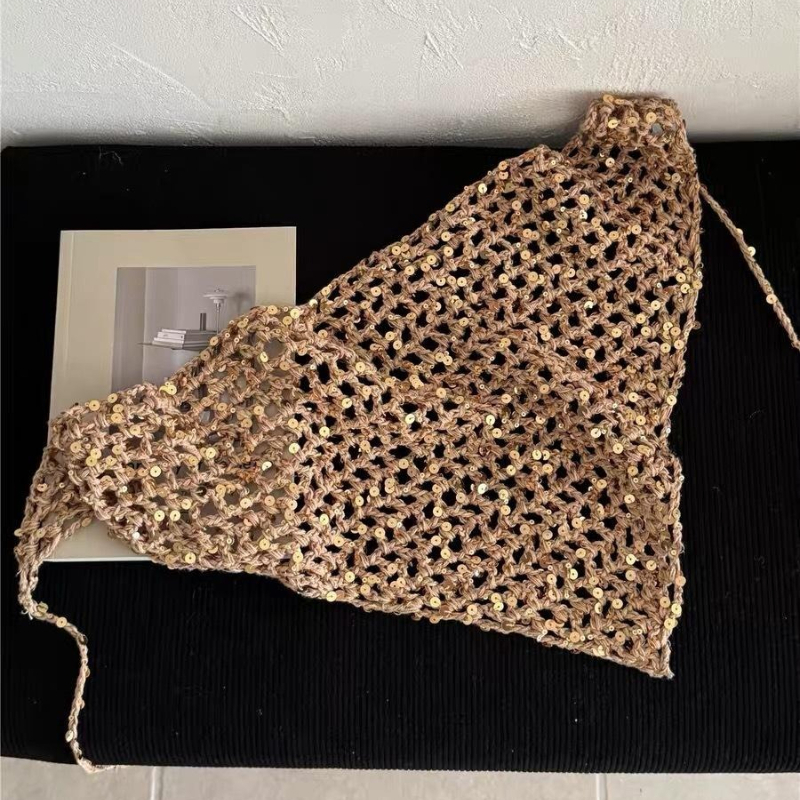 Foulard triangulaire ajouré en tricot à paillettes brillantes, style bandana, foulard de cou tendance, châle ajouré léger, bandeau quotidien, ceintures