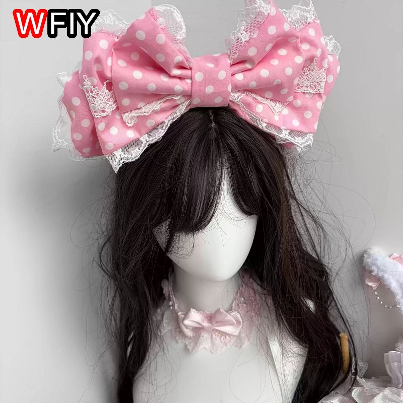 Serre-tête original fait main à pois rose clair à trois couches, style Lolita, pour fête du thé, accessoire de cheveux grande taille KC