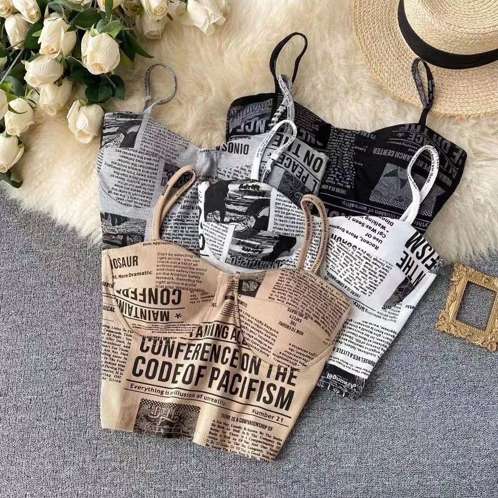 Camisole à ruban de glace avec coussin de poitrine, journal imprimé à la mode, créatif, court, rond, poitrine, été