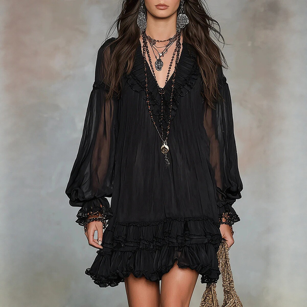 Robe longue décontractée d'été pour femme, noire, style bohème, col en V, manches longues bouffantes en maille transparente, ourlet à volants, coupe ample et fluide