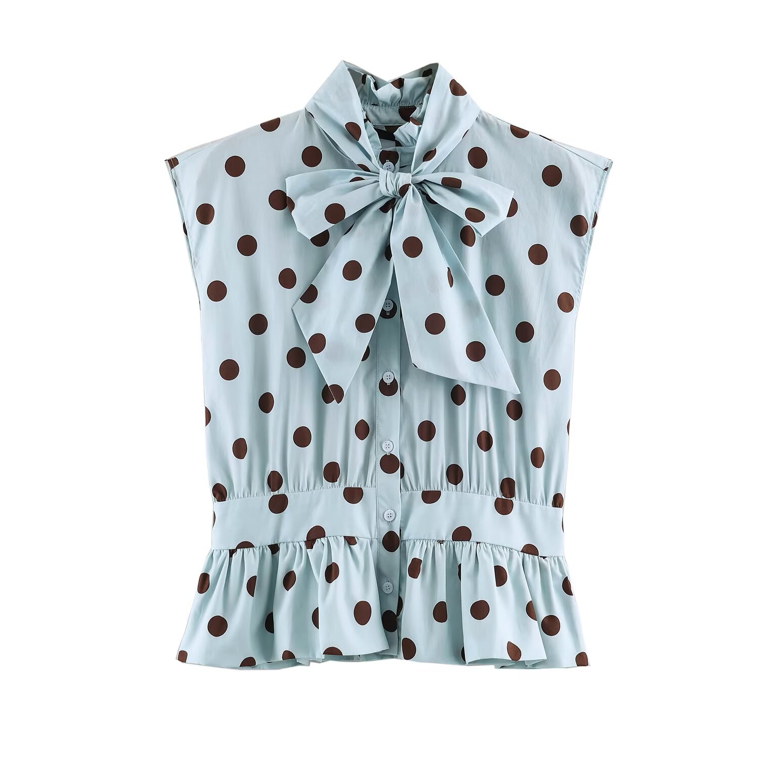 BSAY Nouvelle Blouse Élégante Vintage pour Femme, Col Nœud Papillon, Sans Manches, Imprimé Pois et Rayures, Boutonnée, Taille Peplum Volantée, Crop Top