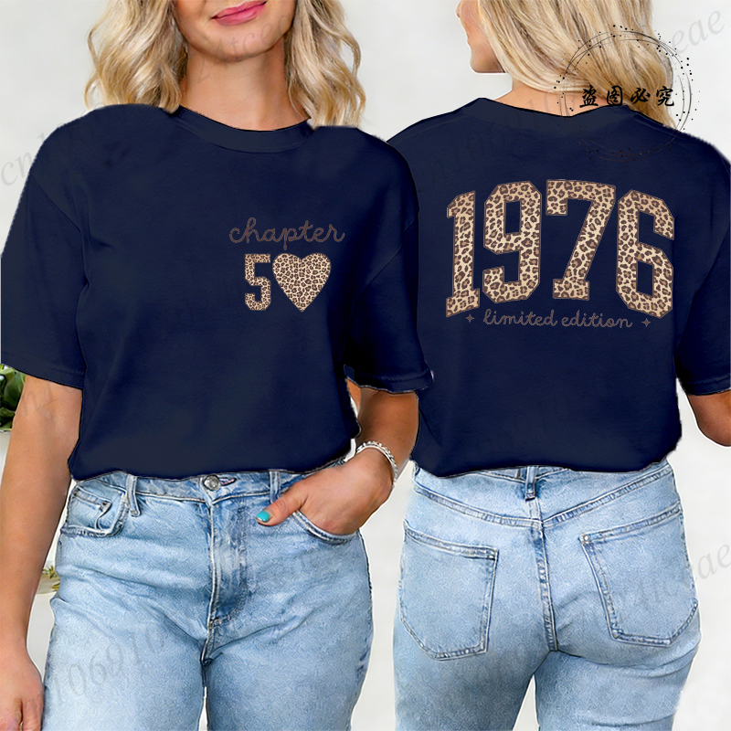 T-shirt tendance pour femme, imprimé rétro 1976, motif léopard, cadeau 50e anniversaire, hauts pour femme, t-shirt graphique Harajuku