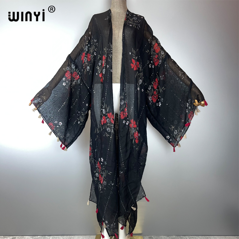 WINYI Kimono Bohème Kaftan Vêtement de Plage Cardigan Robe de Soirée Abaya Dubaï Tenues de Plage Luxe pour Femmes Cardigan à Paillettes