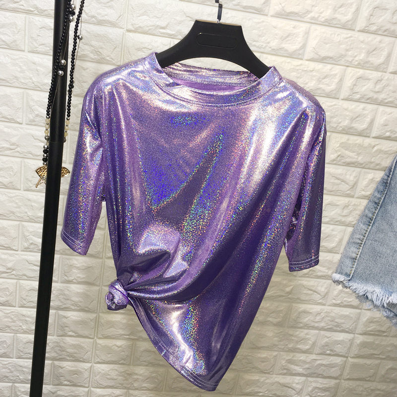 T-shirt manches courtes femme, estival et élégant, en soie brillante, ample, sexy, esthétique, harajuku